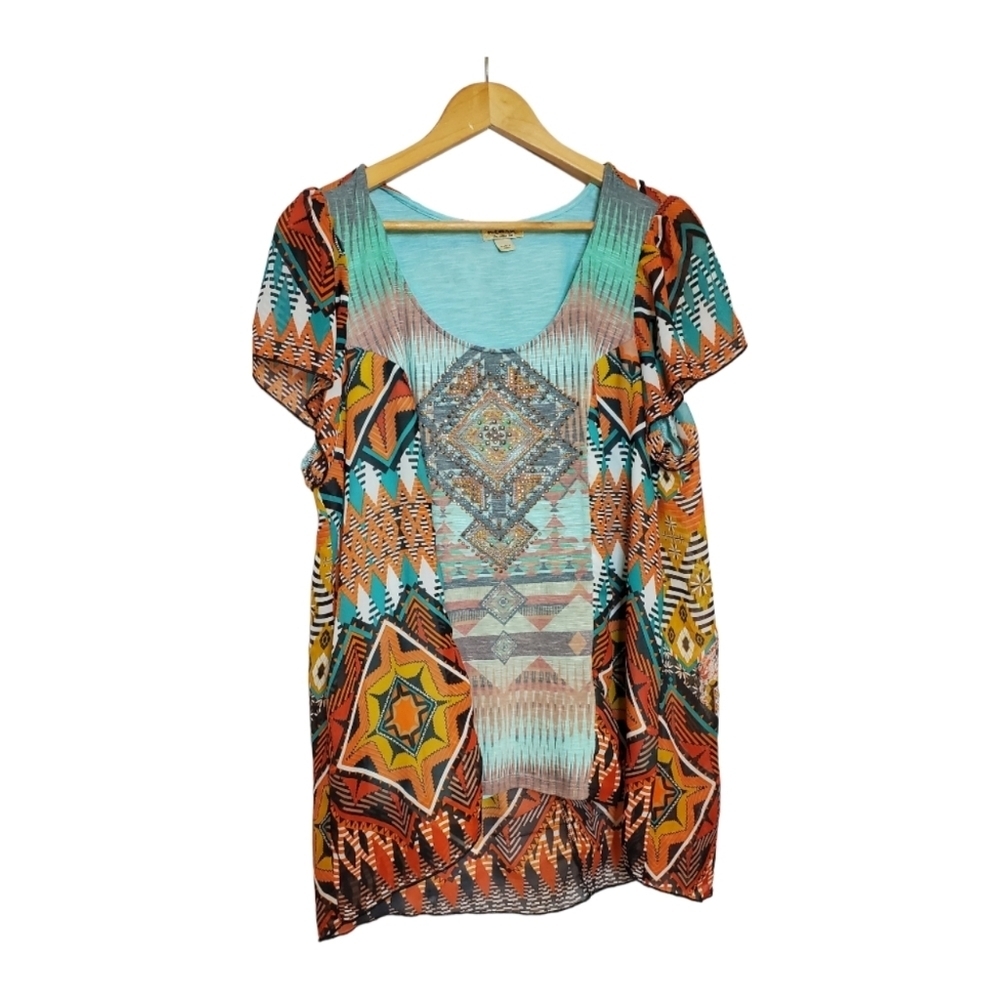One World Hi Low Light Weight Top Southwestern Print Size 2X